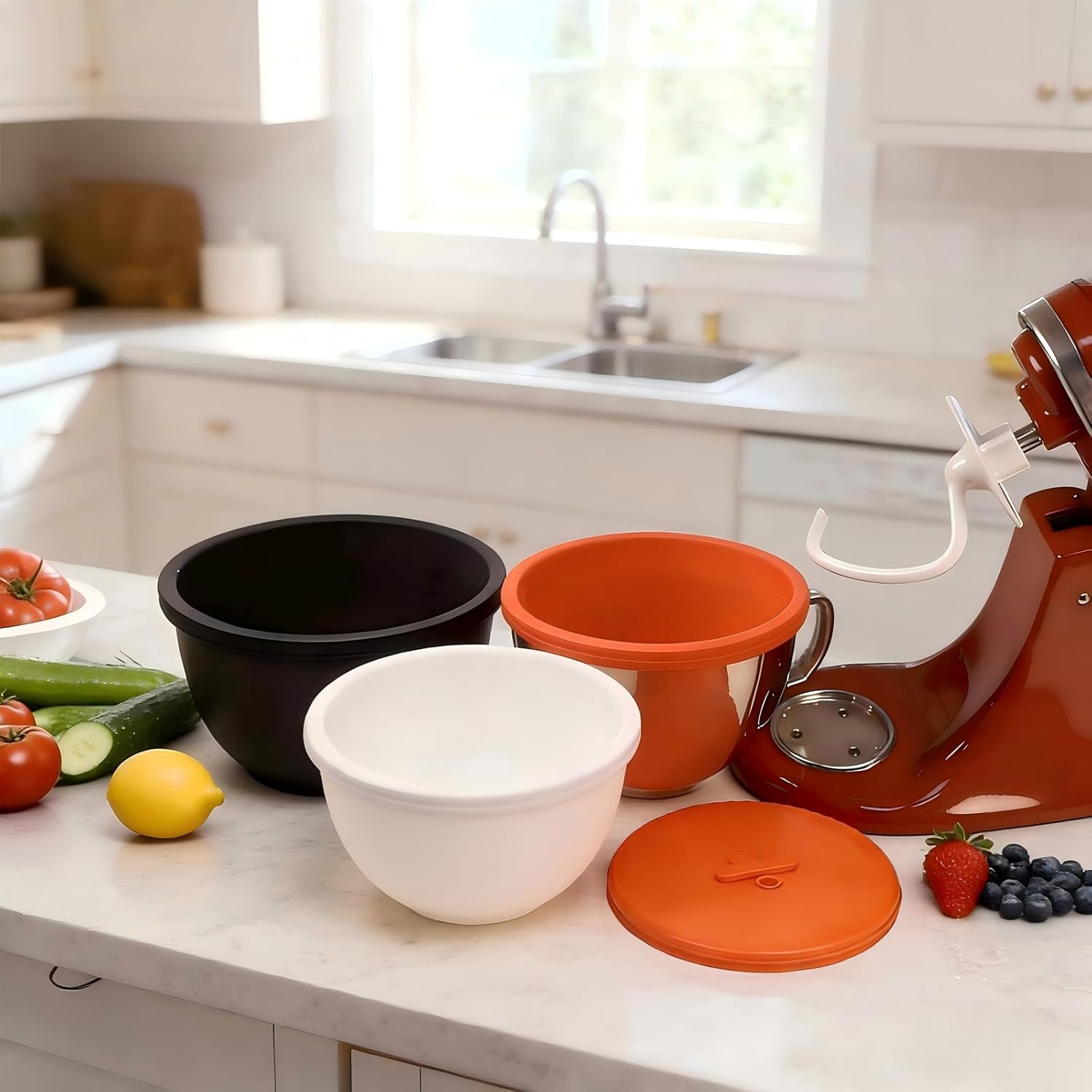 5 Qt Silicone Bowl Liners with Lids for Kitchenaid Mixer, 3-Pack Extra-Thick 2mm Kitchenaid silicone bowl insert for Kitchenaid, Precision Fit for Tilt-Head, Quick Replacement & Easy Clean