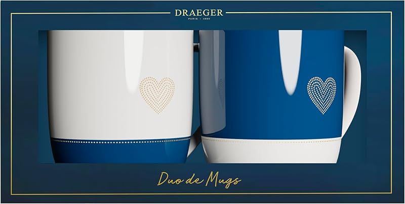 DRAGER PARIS | Duo de Mugs en céramique avec un coeur pour couples mariés | Blanc bleu Motif en or à chaud | Idée cadeau pour couple, jeunes mariés, union, mariage, cérémonie | 320 ml