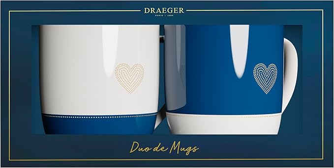 DRAGER PARIS | Duo de Mugs en céramique avec un coeur pour couples mariés | Blanc bleu Motif en or à chaud | Idée cadeau pour couple, jeunes mariés, union, mariage, cérémonie | 320 ml