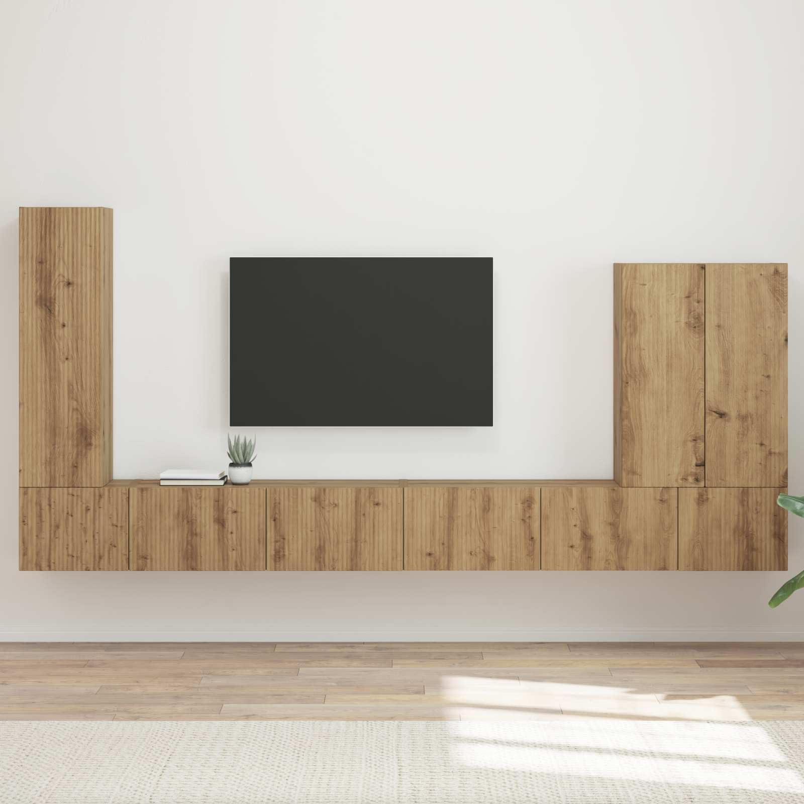 Regał ścienny pod telewizor, 6-częściowy, dąb Artisan, wykonany z wytrzymałego drewna inżynierskiego, z dużą ilością miejsca do przechowywania i drzwiami przesuwnymi, nowoczesna szafka pod