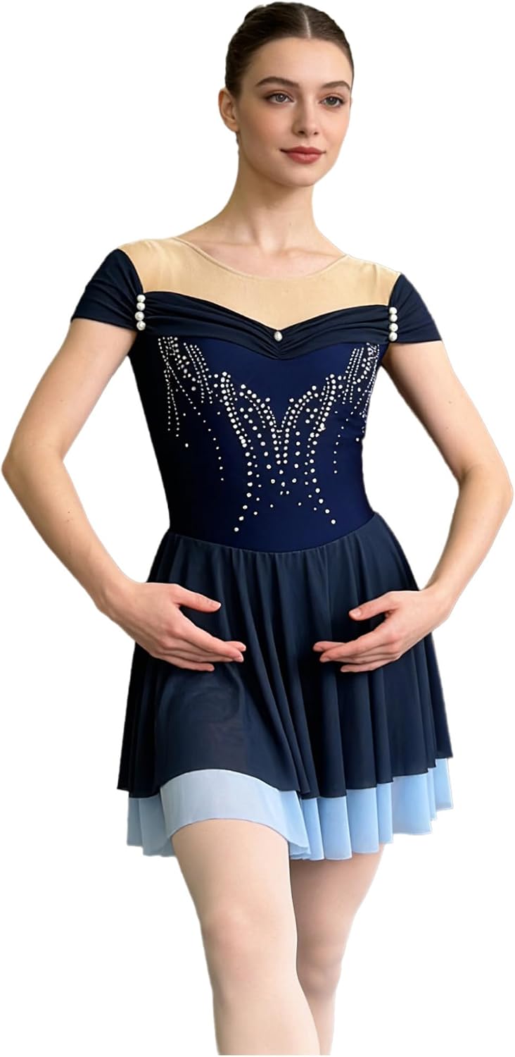 JanJean Women Gymnastics Ballet Costume One Piece Leotard Cap Sleeve Color Blocking Mesh Competition Skating Wear