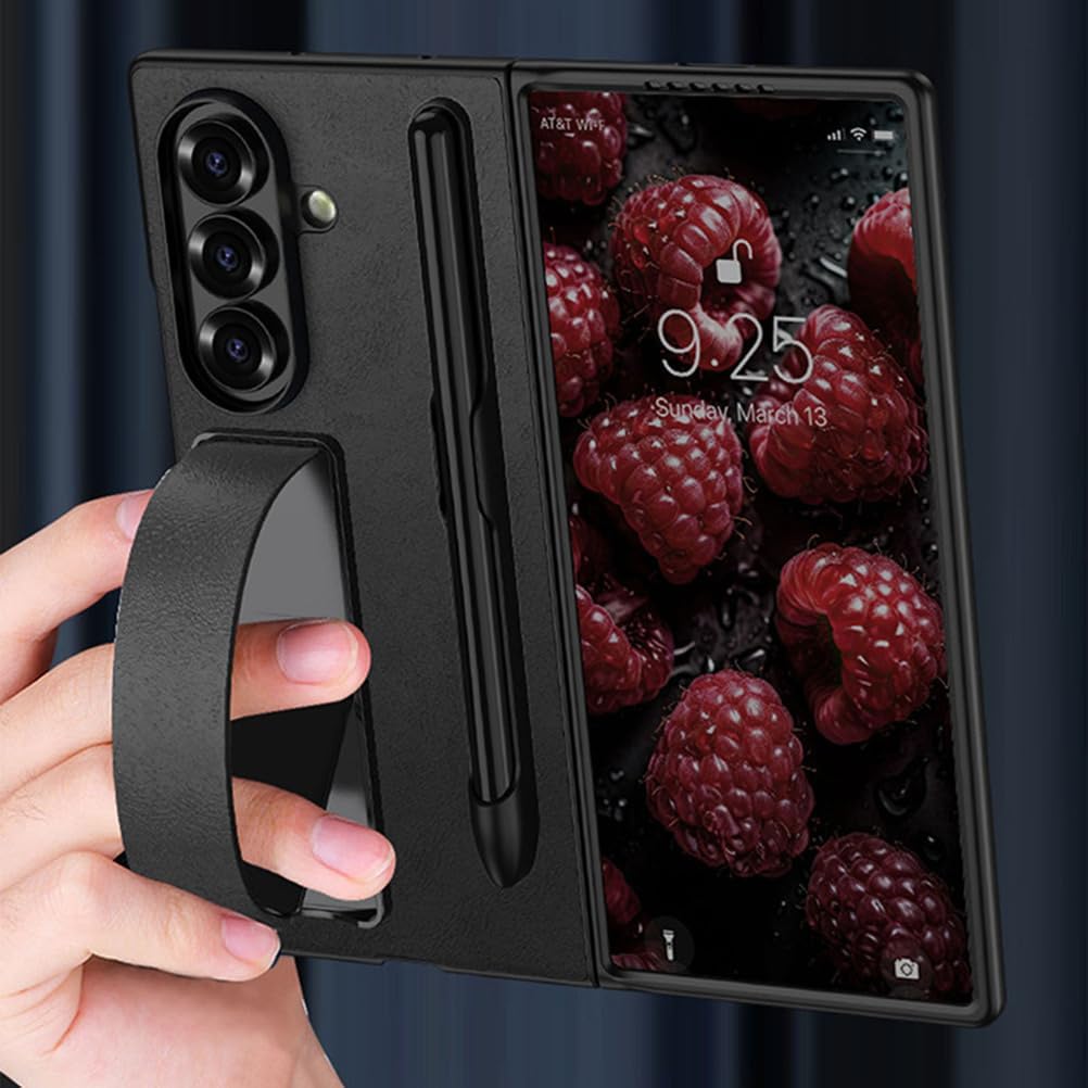 For Samsung Galaxy Z Fold 7用スリムケース、フロストレザー、ペンホルダー付きビジネスフォンケース、リストス