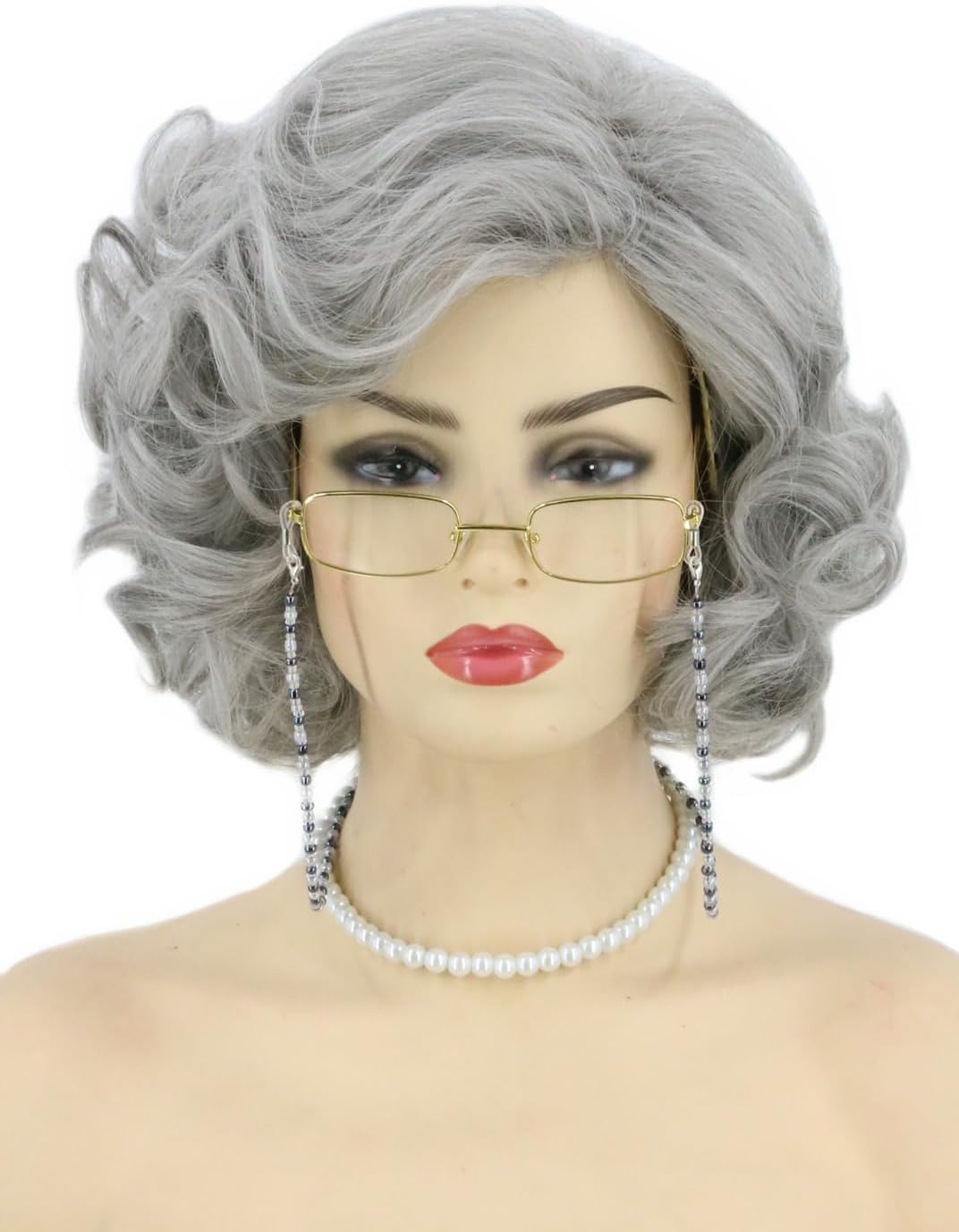 - Old Lady Wig and Accessories 5pcs Set Granny Costume Wig Grandma wig Halloween Party Wigs (Grey)