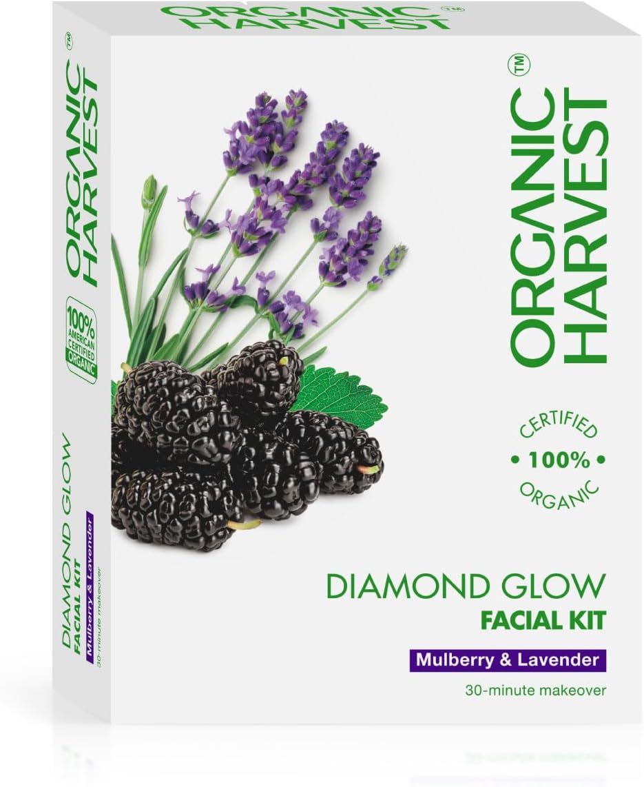 Organic Harvest Diamond Glow Facial Kit: Mulberry & Lavender | 6-step Instant Glow & Smooth Skin | For Women & Men | 100% American Certified Organic | Paraben & Sulphate-free | 48gm