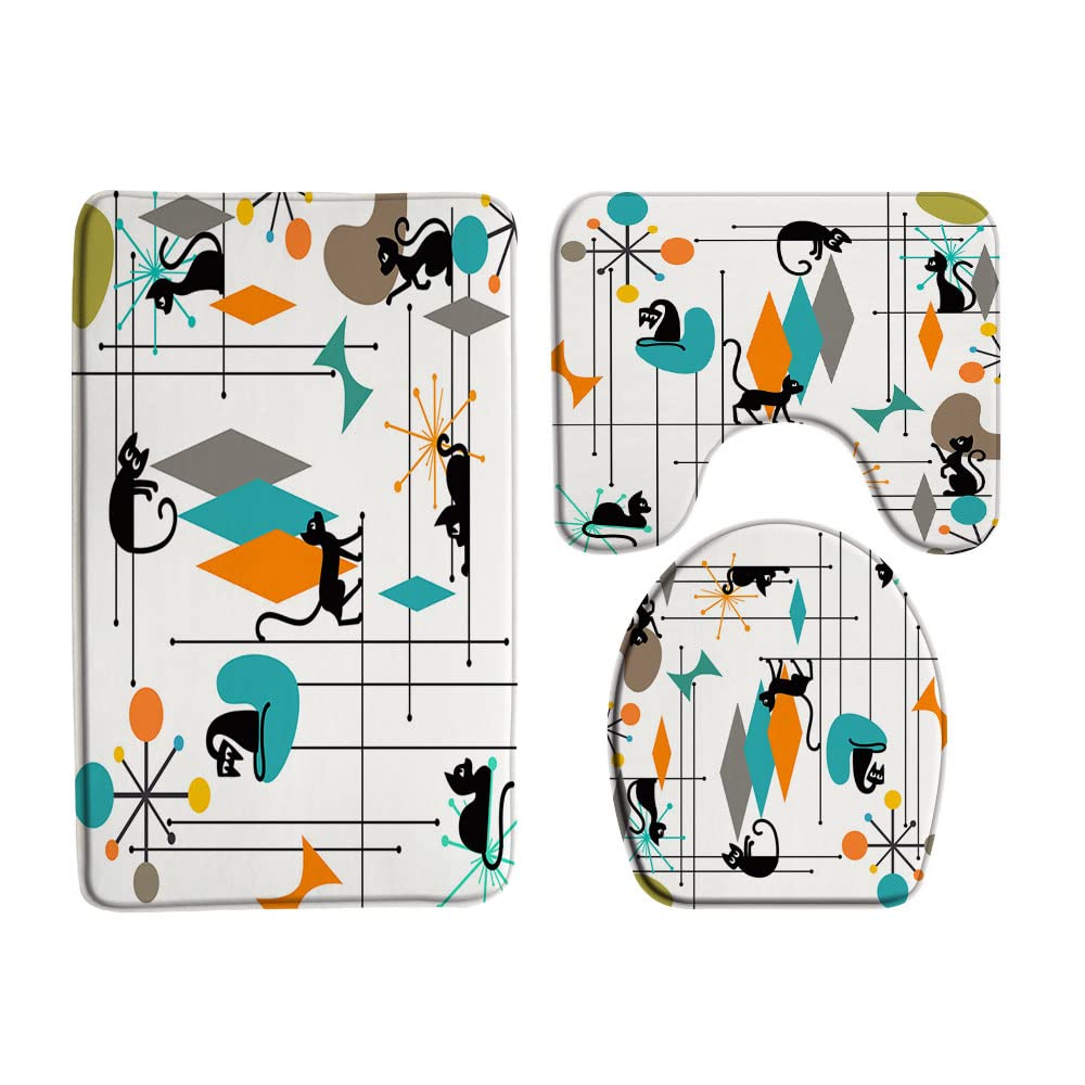 Mid Century Black Cat 3 Pcs Bath Rugs Set,Atomic Starbursts Cat Modern Abstract Geometric Iconic Retro 1950s 1960s Bathroom Kitchen Rug with 17.8