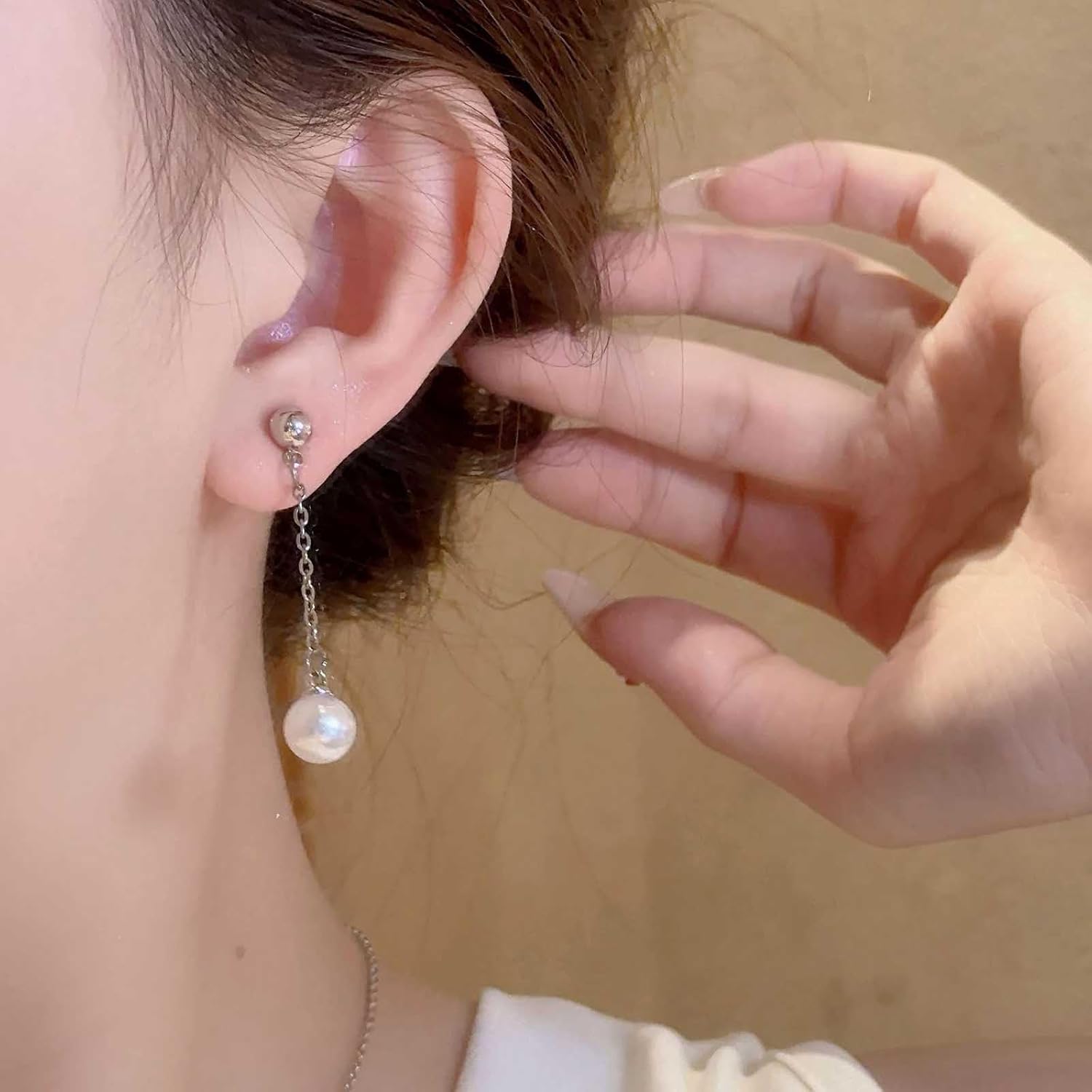 Vintage Long Chain Pearl Earrings Wedding Pearl Drop Earrings Small Round Single Pearls Dangle Earring Minimalist Long Tassel Tiny Ball Bead Studs Earring Jewelry for Women - Image 6