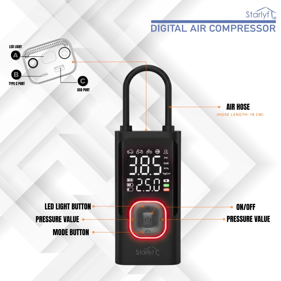 STARLYF Compresor de Aire Portátil, Inflador de Ruedas Inalámbrico, Recargable, 150 PSI de Potencia, Apagado Automático, Luz Incorporada, Bomba de Aire Multiuso - Garantía Oficial