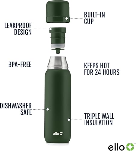 Miniatura 3 de Ello Therma - Termo aislado de acero inoxidable de 32 onzas para bebidas calientes y frías, con tapa a prueba de fugas y taza integrada, aislamiento