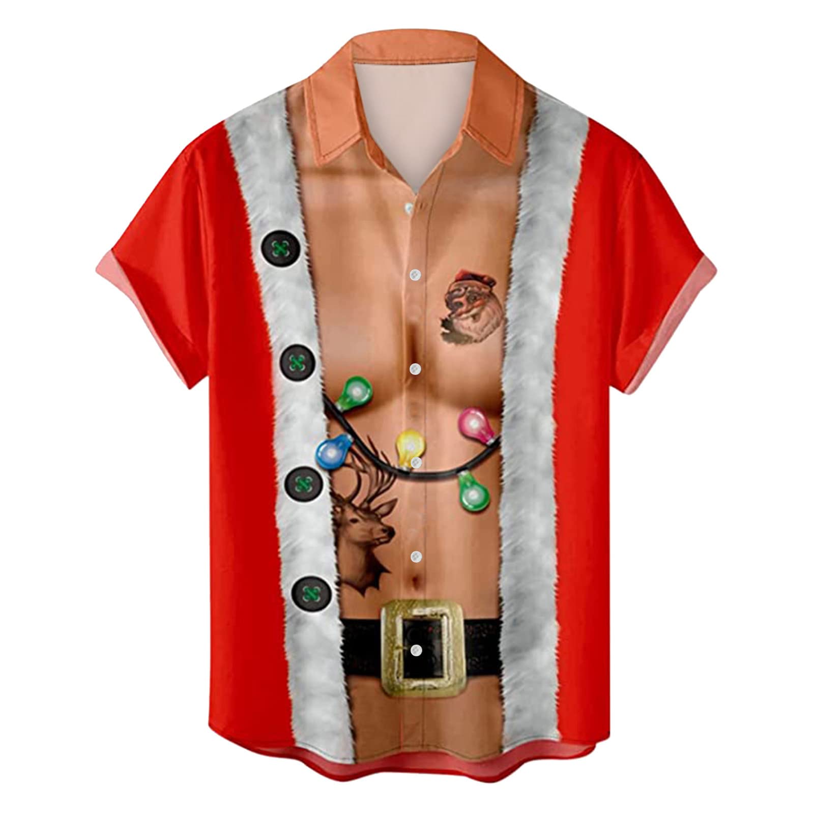 GREGGChristmas Hawaiian Shirt for Men Men's Retro Bowling Shirt Print Button Down Short Sleeve Shirts Mens Christmas Shirts Santa Party Casual Shirt