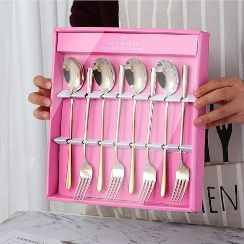 Vista 19 de Buyer Star Juego de cucharas y tenedores de acero inoxidable 18/10, cambio gradual, cuchara y tenedor de mango largo, color degradado, juego