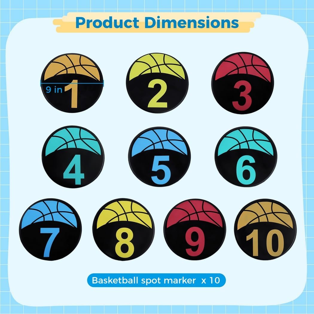 10 Pcs Sports Court Spot Markers, Numbered 9 Inch Basketball Floor Discs, Round Anti-Slip Colored Markers for Dribbling and Coaching Drills