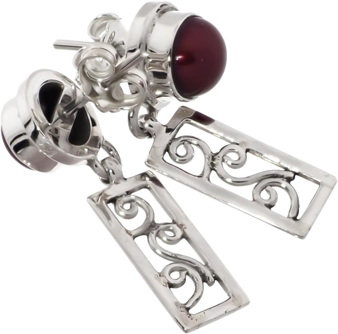Burgundy Red Freshwater Cultured Pearl 925 Sterling Silver Filigree Dangle Earrings, 1 3/16"