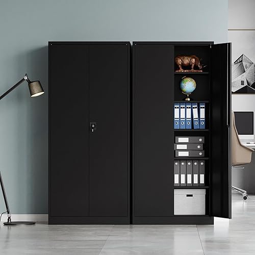 Miniatura 8 de MIIIKO Gabinete de almacenamiento con cerradura, pequeño gabinete de garaje de metal con puertas y estantes, 35.4 "armarios de armario de base de