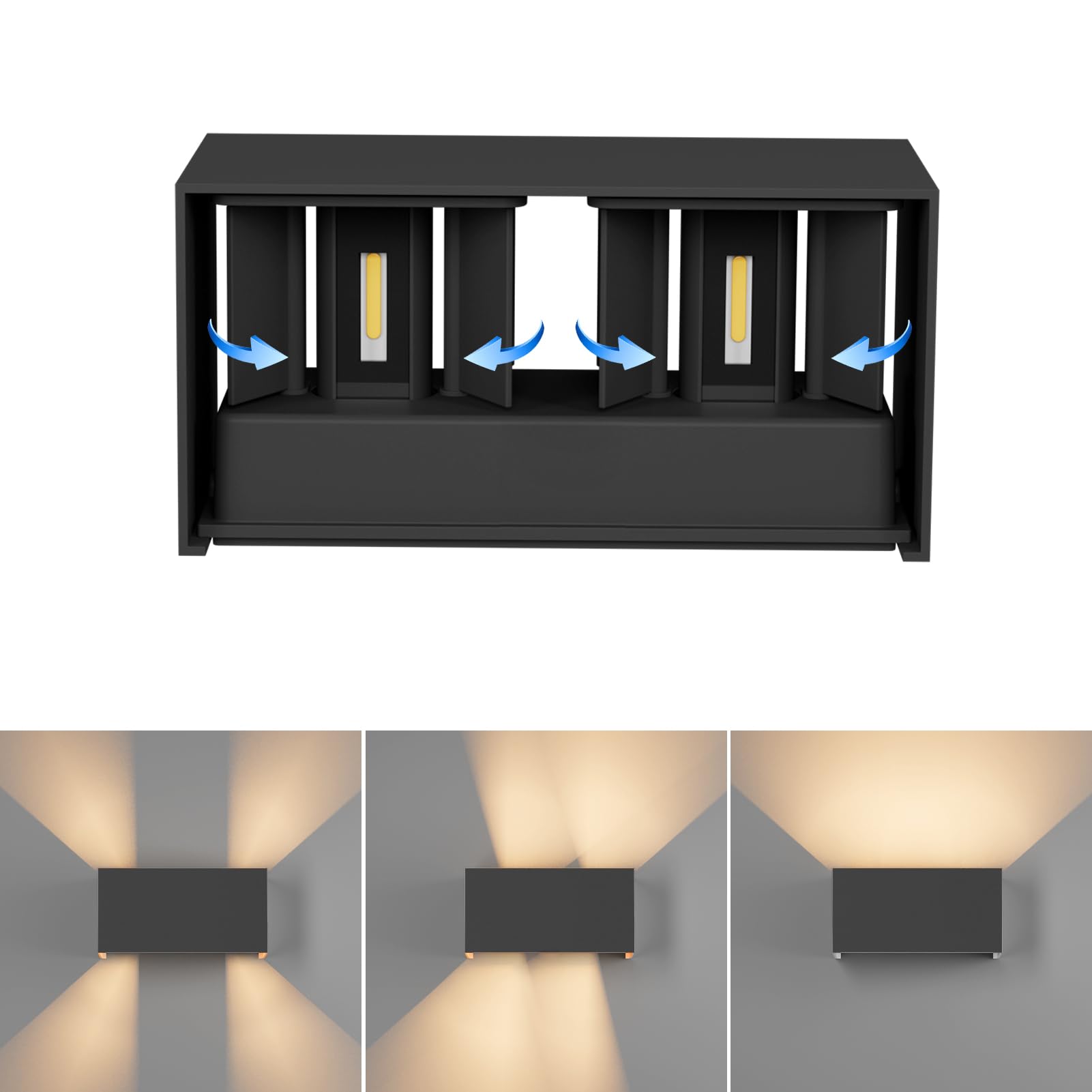 Aipsun 24W Applique Mural Intérieur/Extérieur Noir, LED Applique Murale Moderne Exterieur avec Angle de faisceau Réglable pour Jardin Couloir, IP65 Imperméable, Blanc chaud 3000K