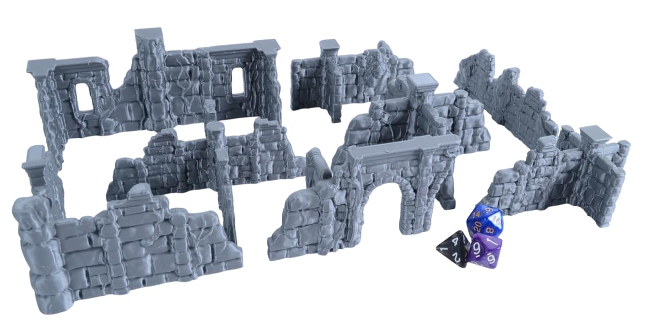 Überwucherte Ruinen-Wände für Tabletop - 28mm Fantasy Gelände freistehend, 3D-Druck aus PLA, Zubehör für Miniaturen, D&D, Conquest & Warhammer 40k, Grau