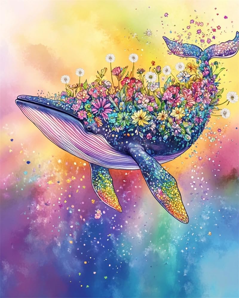 Henypt Cross Stitch Kits 11Ct Stamped Patterns Whale and Flowers for Adults DIY Preprinted Embroidery Kit for Beginner