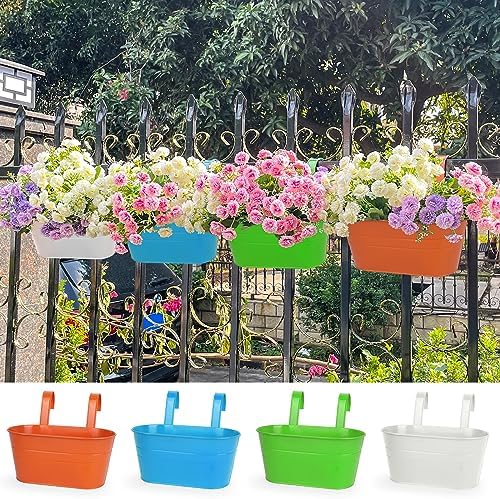 OGIMA 4pcs Large Hanging Flower Pots, Metal Iron Wall Planter Indoor/Outdoor for Railing Fence Balcony Garden Home Decoration with Detachable Hooks (4 Colors)