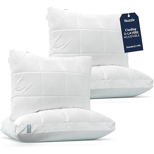 Nuzzle Cooling Adjustable Pillow for Side Sleepers, Luxury Standard Size Set of 4 Bed Pillow Hotel Collection - Best Adjust Height Soft Firm Pillow for Back, Stomach or Side Sleepers - Home Gifts