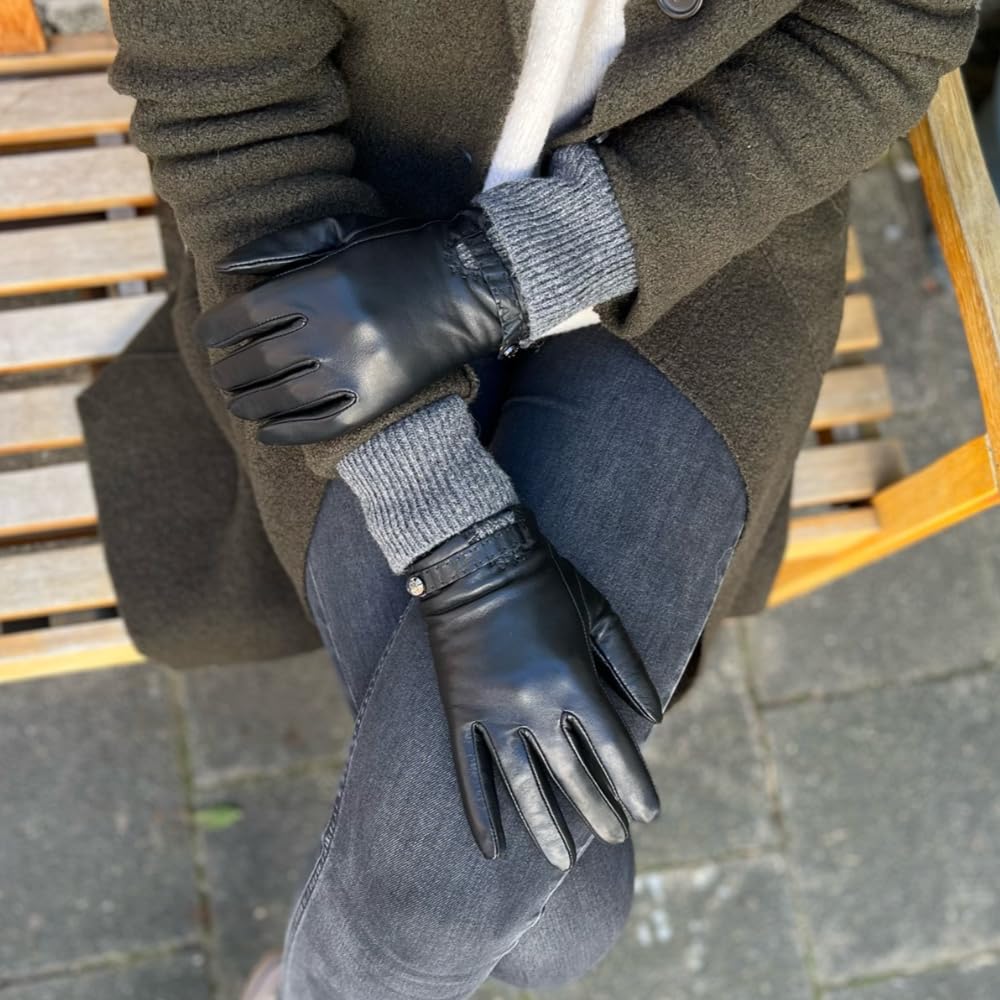 STELLA New Edition - Guantes de piel para mujer con capucha de punto largo y cálido, capaces de pantalla táctil, suave piel de cordero extra cálido y elegante