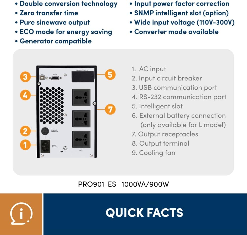 Rear panel of Prolink PRO901ES UPS with labeled ports