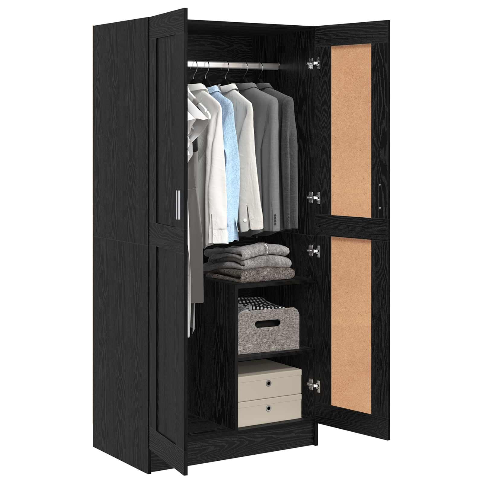 Armadio nero effetto quercia in legno 82,5 x 51,5 x 180 cm con 2 ante a cerniera e ripiani per camera da letto, corridoio, spogliatoio, spazioso armadio per vestiti e biancheria