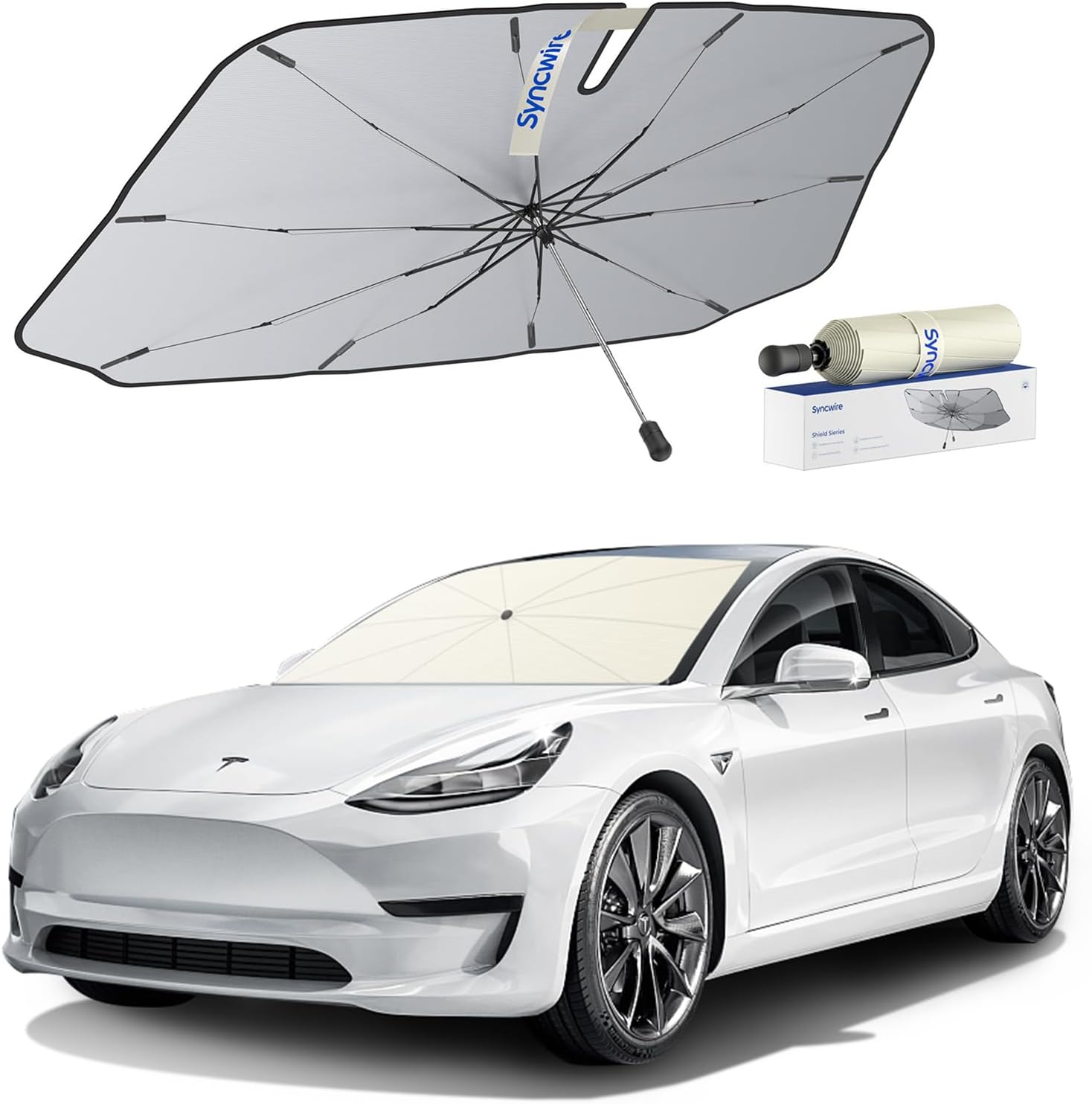 Syncwire Car Windshield Sunshade Umbrella - Enhanced Vinyl Coating for Superior Sun and Heat Protection, Keeps Vehicle Cool and Preserves Interior, Innovative Edge Design for Tesla 55.12"L x 35.43"W