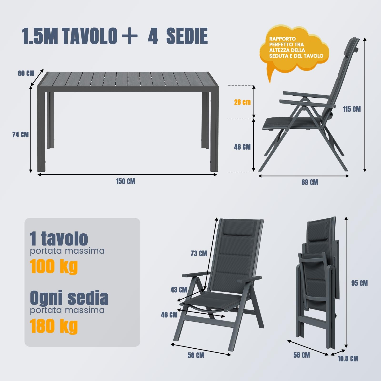Devoko Set Tavolo e Sedie da Giardino 5 Pezzi, Composto da Tavolo 150 cm in Alluminio e 4 Sedie Pieghevoli, Tavolo da Giardino con Finitura a Vena di Legno con Sedie da Terrazza, Balcone, Grigio