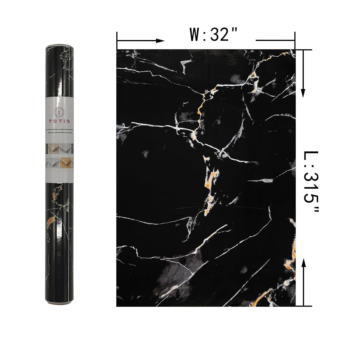 TOTIO Papel tapiz autoadhesivo de vinilo de mármol negro ultra ancho de 32 x 315 pulgadas, efecto granito oscuro, papel de contacto brillante, grueso, para encimera, despegar y pegar, impermeable, a