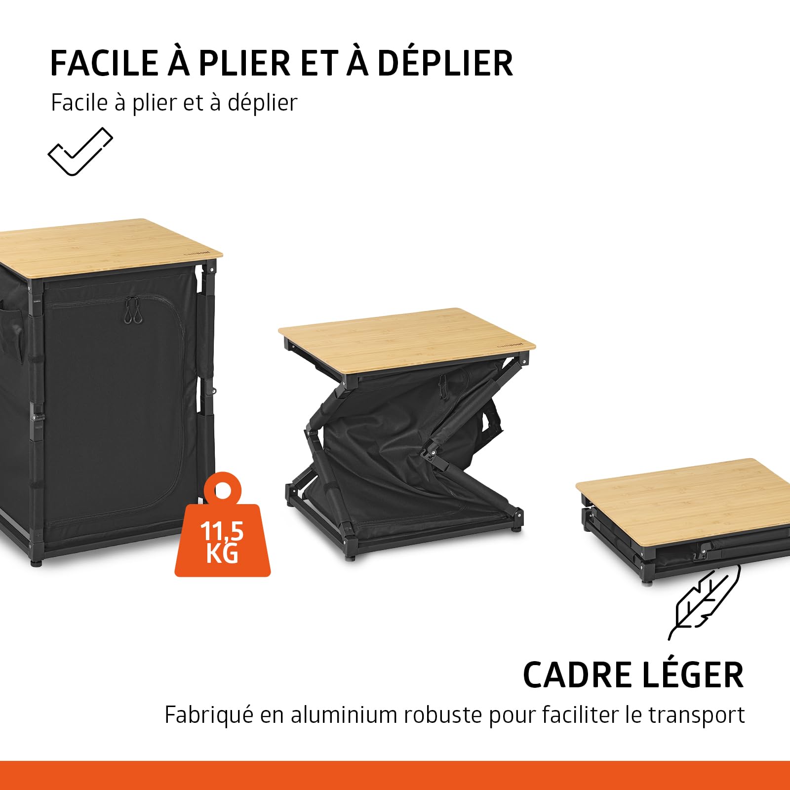 Campout Meuble Cuisine Camping Pliable 60 x 50 x 82 cm – pour Camping Jardin et Balcon – Sac de Transport Inclus – Marron/Noir