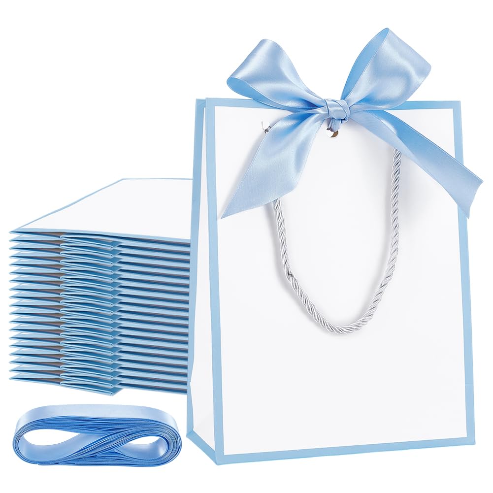 GOMAKERER 24 Stück Dankeschön Tüte Mit Henkel, 8.3x17.8x23cm Willkommensgeschenktasche Mit Schleife Himmelblaue Papiergeschenktüten Für Babypartys Promotionen Geburtstag Hochzeit Gastgeschenke