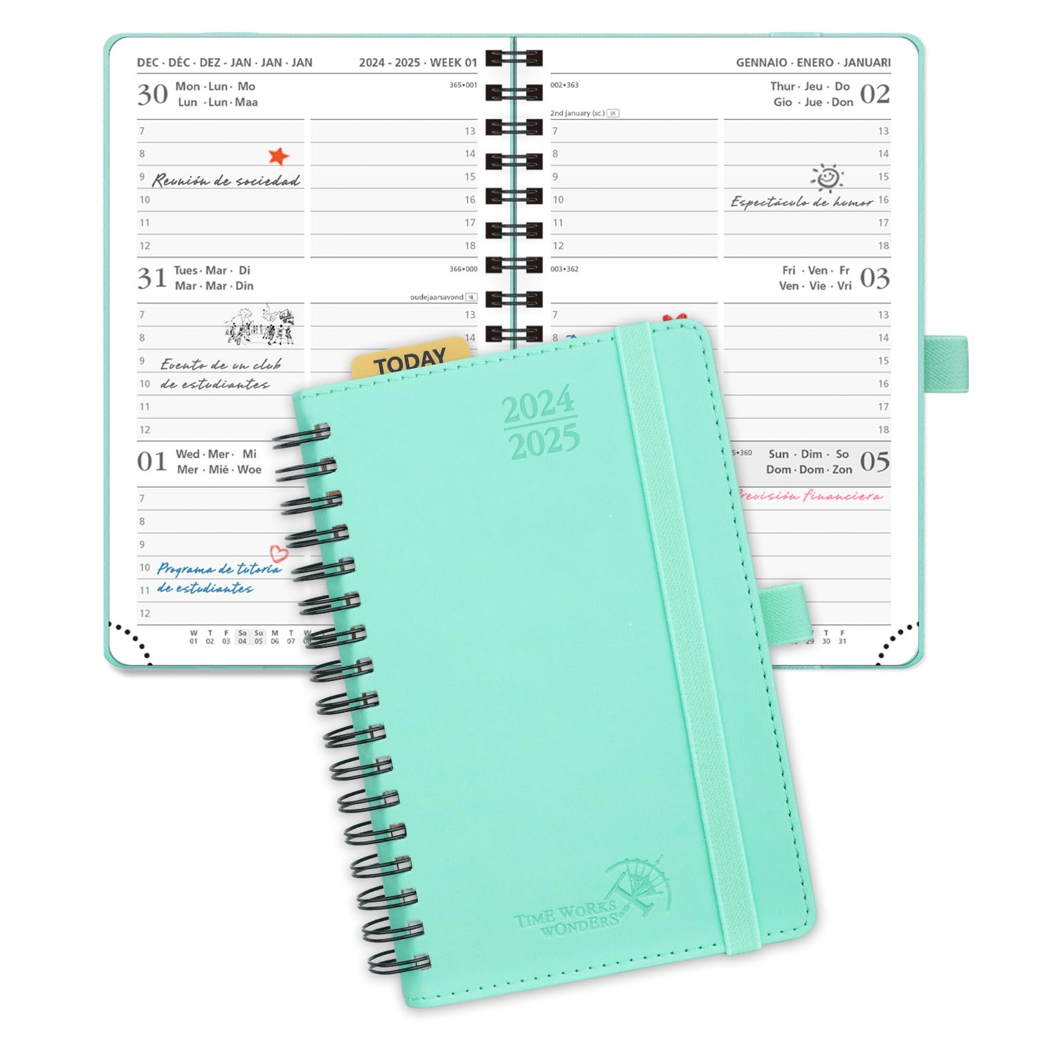 POPRUN Agenda 2024 2025 Pequeña de Bolsillo 16 x 10,5 cm, Agenda Semanal Espiral 17 Meses de Ago.2024 a Dic.2025, 1 Semana 2 Páginas, Con Ranura Para Tarjetas, 80 GSM Papel, Verde