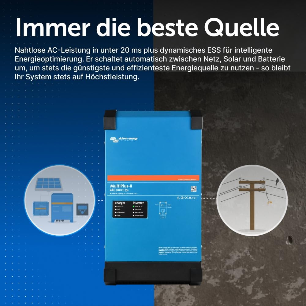 Victron Energy MultiPlus-II Reiner Sinus Wechselrichter 35 Amp Batterie Ladegerät, Spannungswandler, Transferschalter Inverter Charger, 3000VA 48-Volt 230V