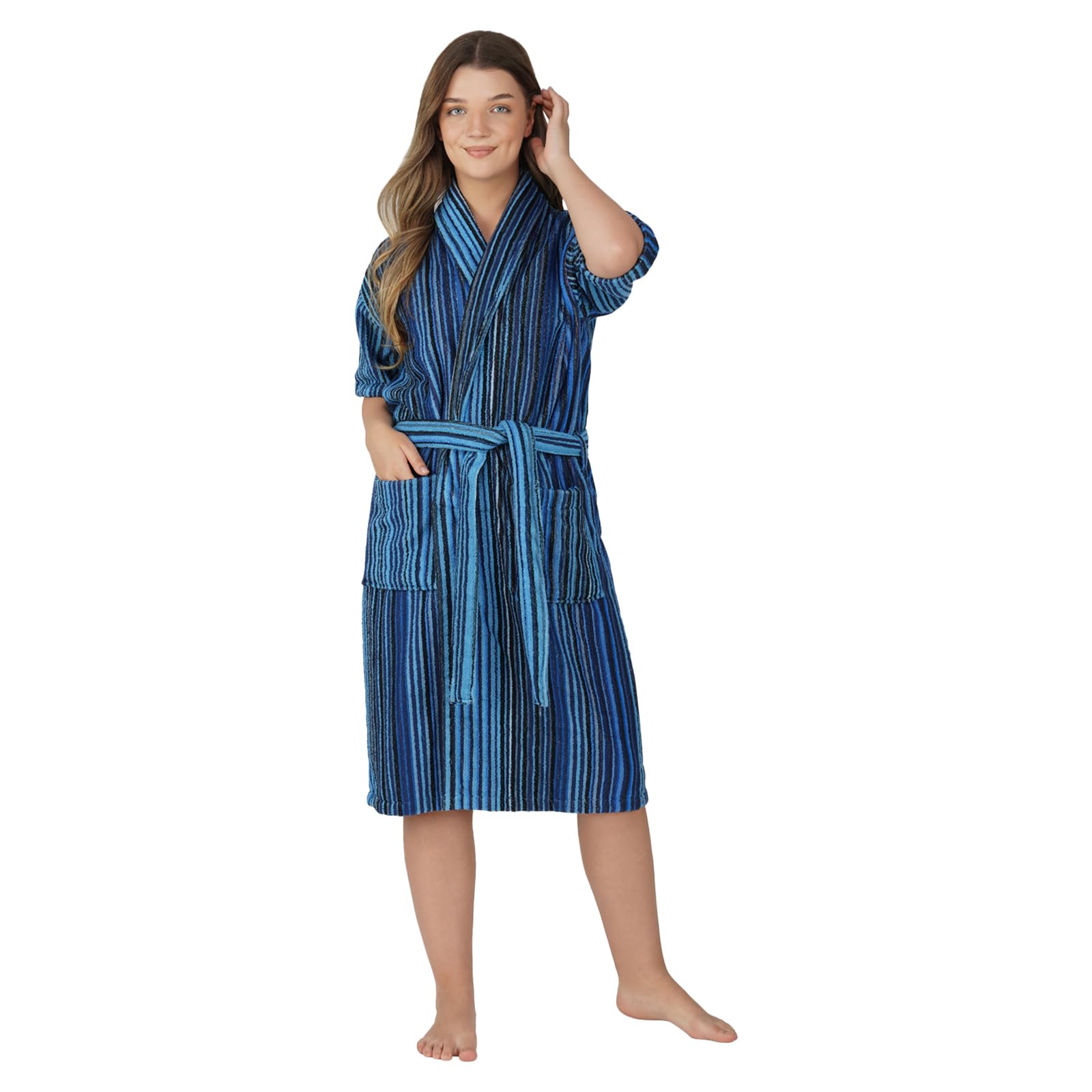 RANGOLI Pinstripe 100% Cotton Bathrobe for Women | 450 GSM Premium, Lightweight & Highly Absorbent Bath Robes with Pockets & Belt | Half Sleeves Large Size After Swimming Bath Gown - Navy Blue-image-25