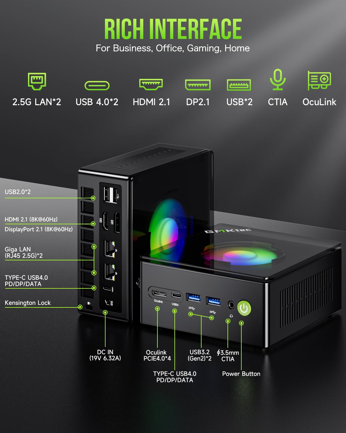 GMKtec PC da gioco, K11 AMD Ryzen 9 8945HS (8C/16T, fino a 5,2 GHz) W-11 Pro, 32 GB DDR5 RAM 1 TB Mini PC Computer desktop, Oculink, doppia NIC 2,5 GbE LAN, HDMI/DisplayPort/USB4*2