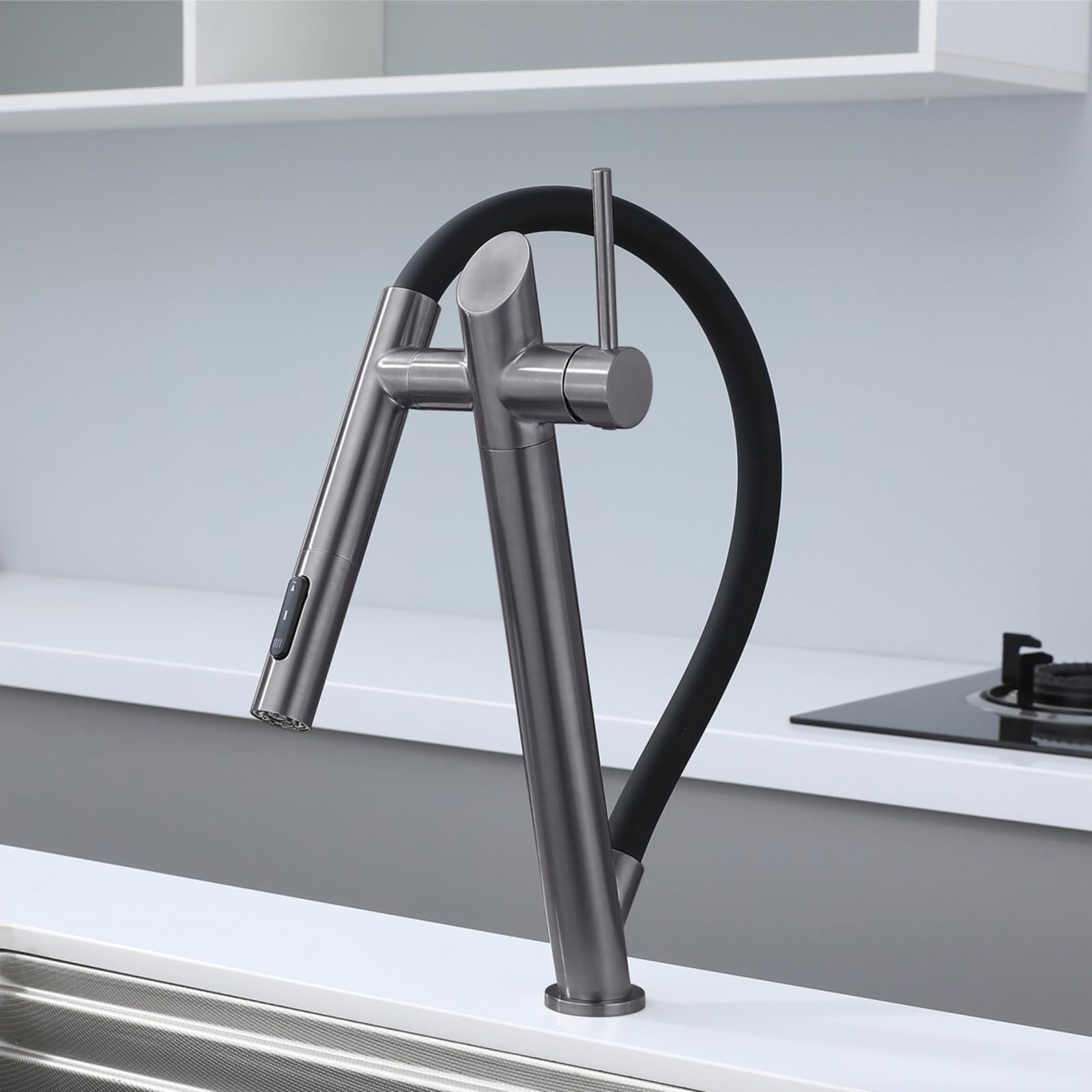 ZYCHSJXA Kitchen Sink Tap with Pull Out Sprayer Taps Swivel 3 Modes Stainless Steel-Grey