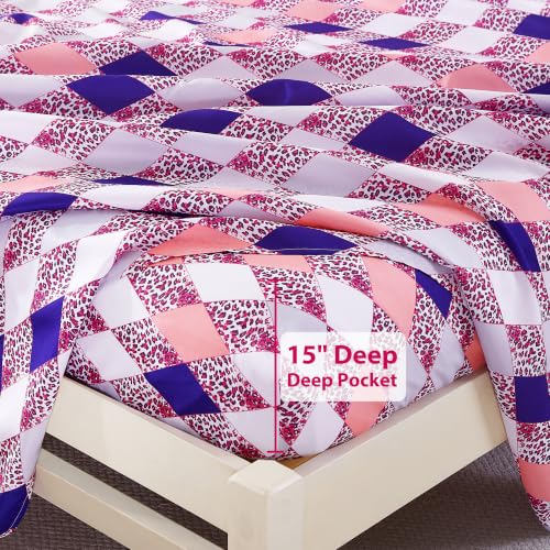 Image of Softan Geometric Argyle Leopard Print Full Sheet Set, Patterned Microfiber Bed Fitted Sheets with 15 inch Deep Pocket & Non-Slip Corner Straps, Pink Purple Modern Aesthetic Double Sheets & Pillowcase Set