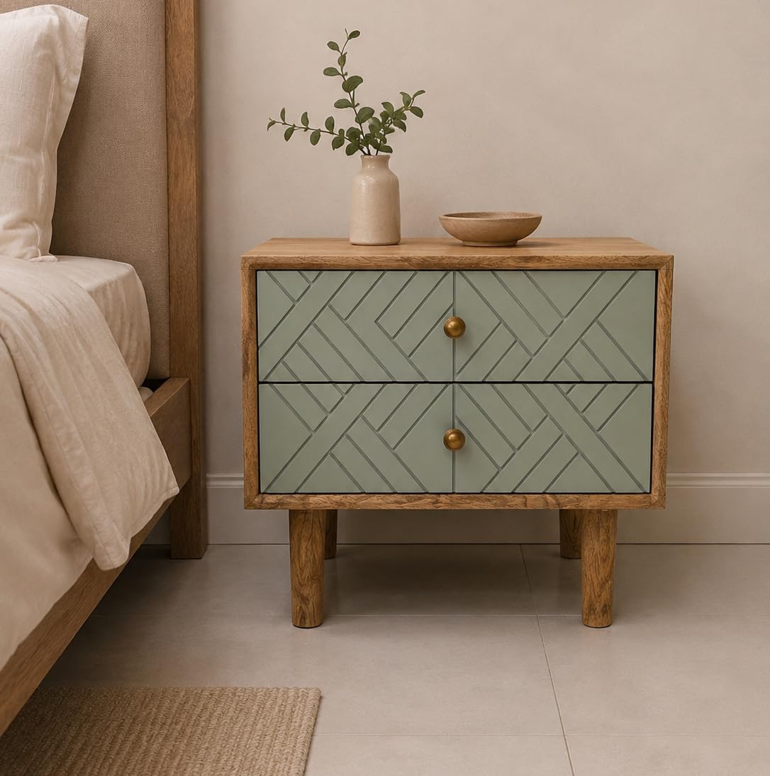 Solid Mango Wood Bedside Table for Bedroom | Wooden Nightstand with 2 Drawers | Storage Side End Table for Living Room (Oak Finish, Green)-picture-22