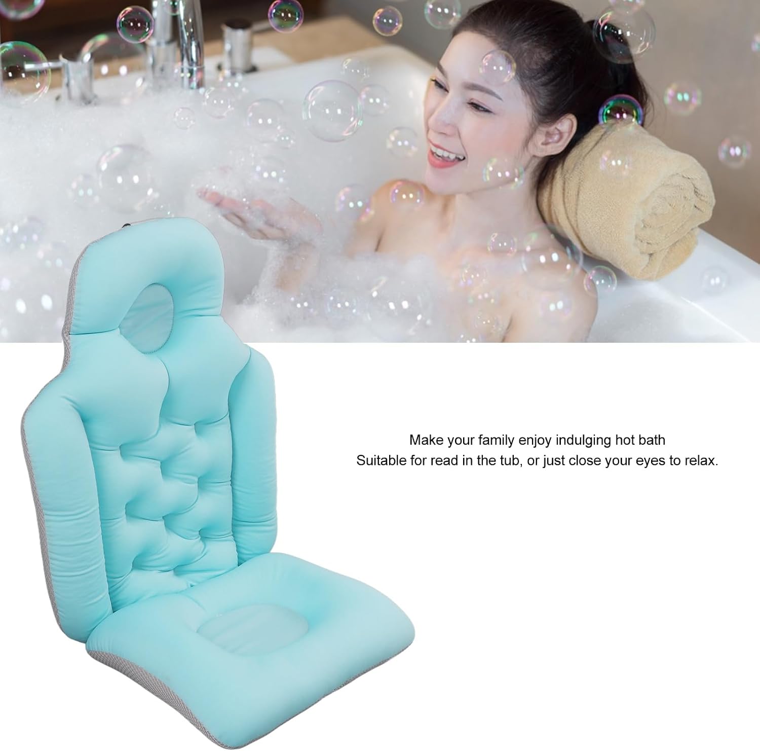 Adult Spa Bath Cushion Pressure Relief Full Body Bath Pillow Neck Support Quick Dry Foldable for Relaxation (Blue)