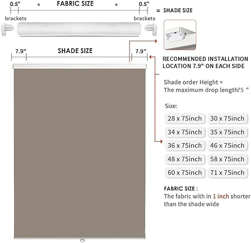 Miniatura 5 de Joydeco Persianas y persianas opacas sin cordones de tela café de 46 pulgadas de ancho, para ventanas de interiores y exteriores, bloqueo de luz,