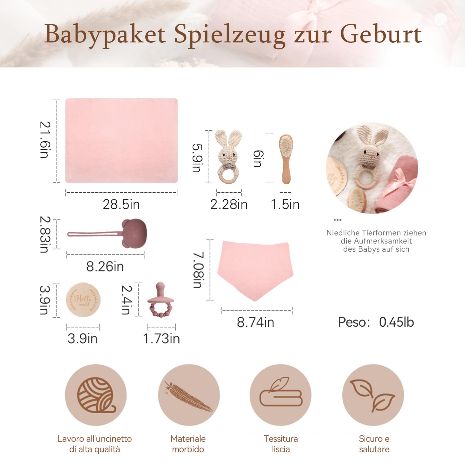 WOODEN TEETHER Set regalo per bambino, neonato regalo bambino Set nascita festa neonato regalo giocattoli (rosa set, Ohne Name)