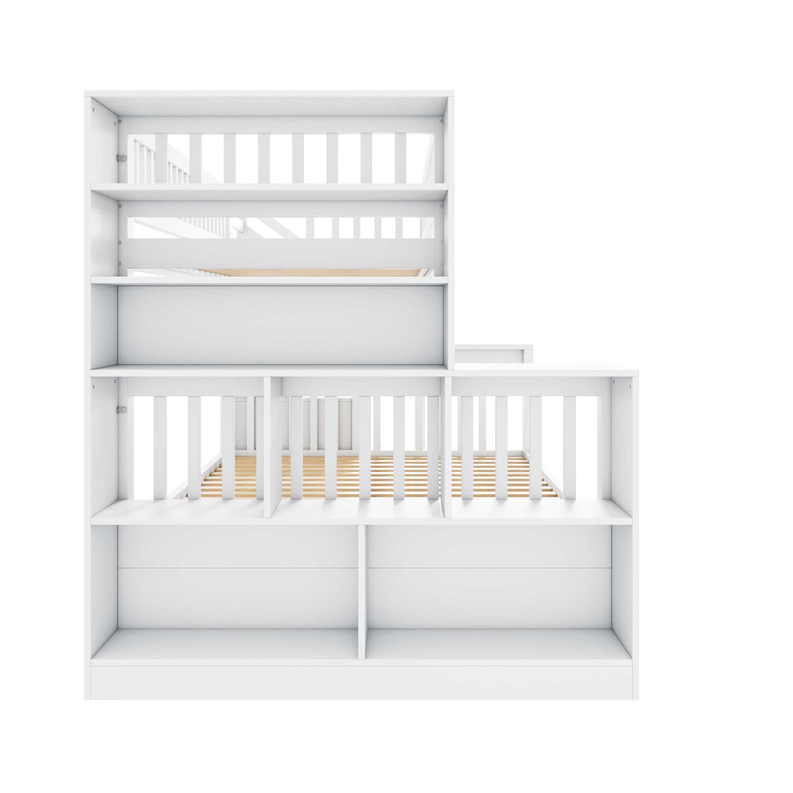 Letto a castello 140 x 200 | 90 x 200 cm, Scala di Sicurezza -Salvaspazio con vani portaoggetti, 2 cassetti, Libreria Grande a 6 Ripiani, Pino Robusto Bianco, 3 adolescenti e adulti