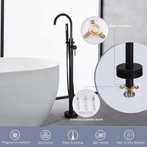 Miniatura 5 de TapLong Grifo de bañera de montaje en el suelo negro mate, relleno de bañera independiente, grifos de ducha de alto flujo con ducha de mano alto