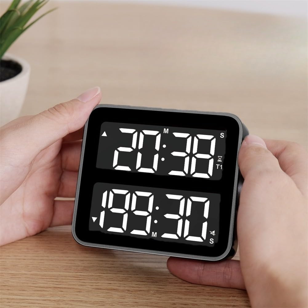 Cyfrowy timer z podwójnym alarmem i dużym wyświetlaczem LCD do kuchni i nauki – magnetyczny i do stojaka, 199 min odliczanie