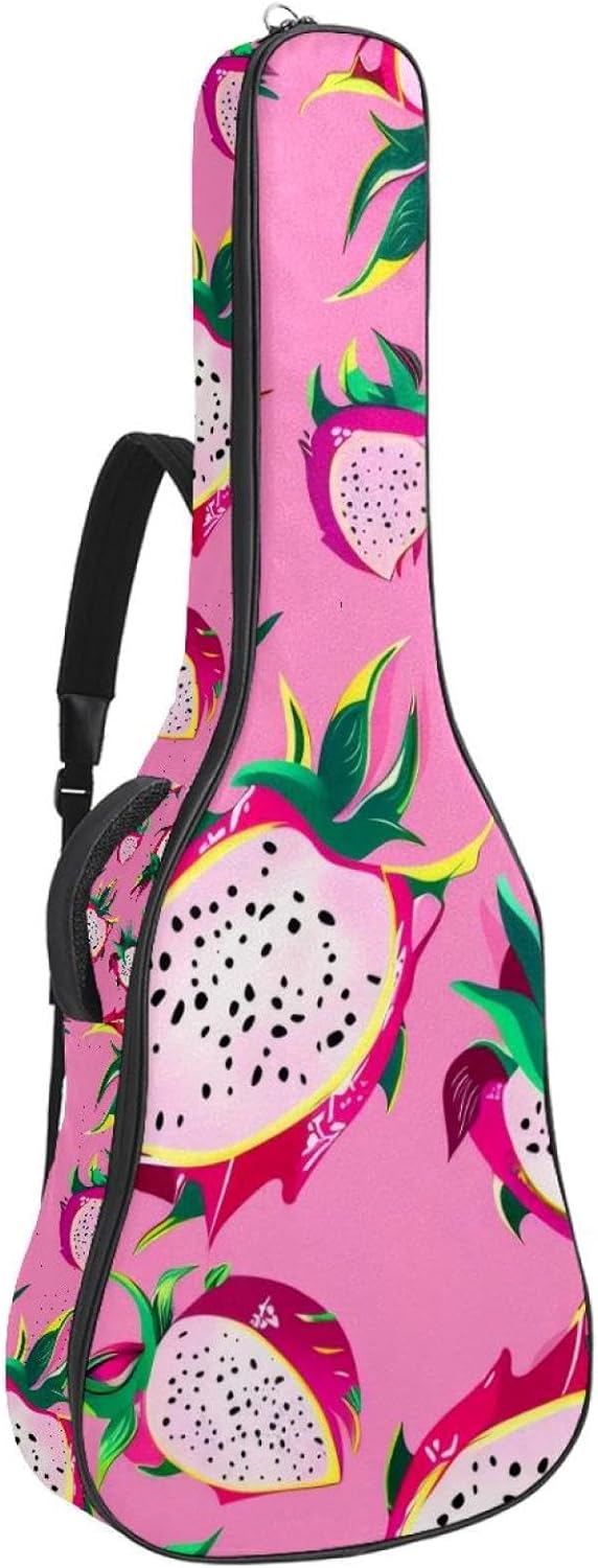 Acoustic Guitar Gig Bag 1 cm Thick Padding, Waterproof Electric Guitar Bag 40-42 Inch Guitar Case Backpack with Dual Shoulder Strap, Light Pink Dragon Fruit Tropical Seamless Pattern