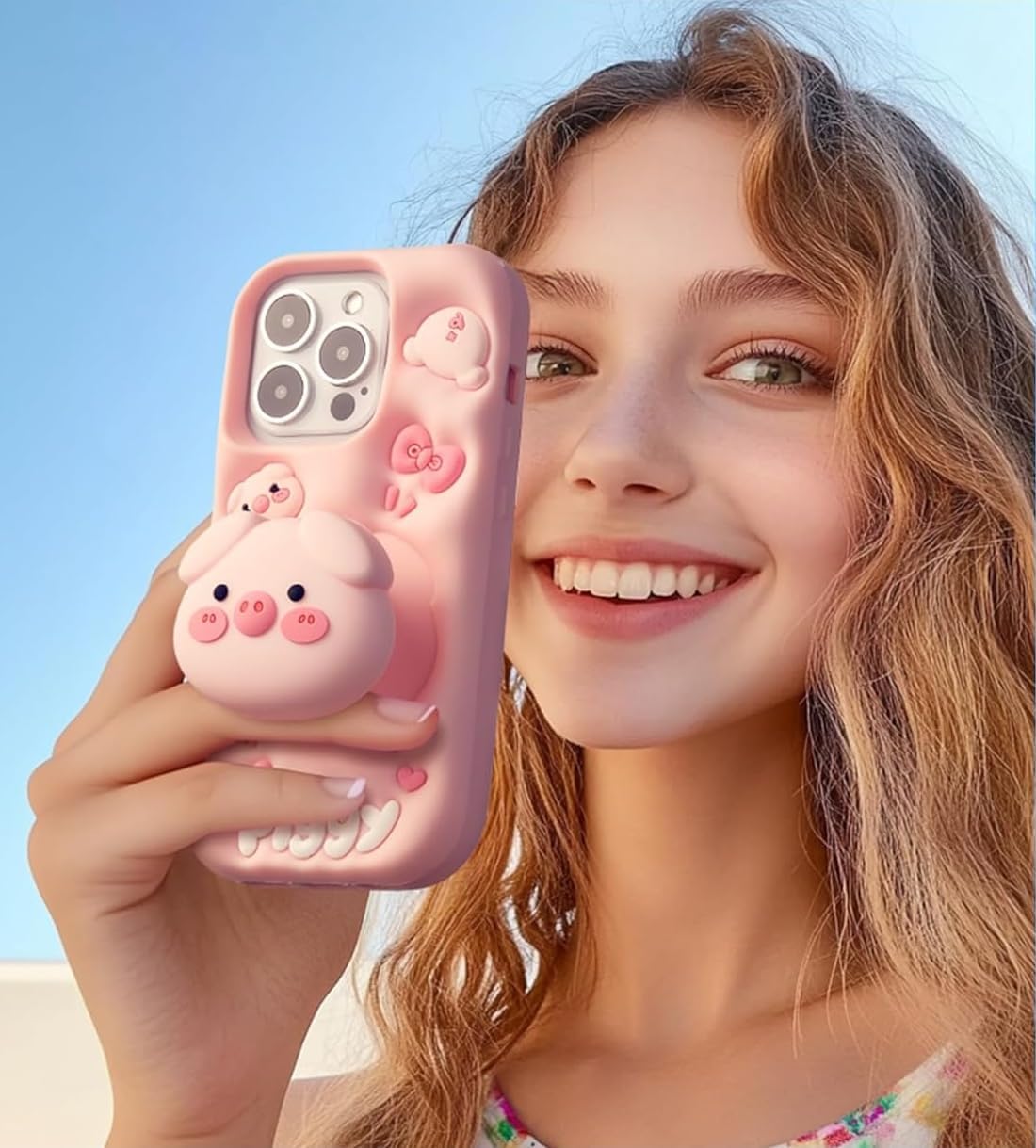 Designed for iPhone Case，Luxury Kawaii 3D Pig Phone Case with Stand and Grip, Cute Cartoon Animal Soft Phone Case (iPhone 14 Pro Max,Pink) image 4