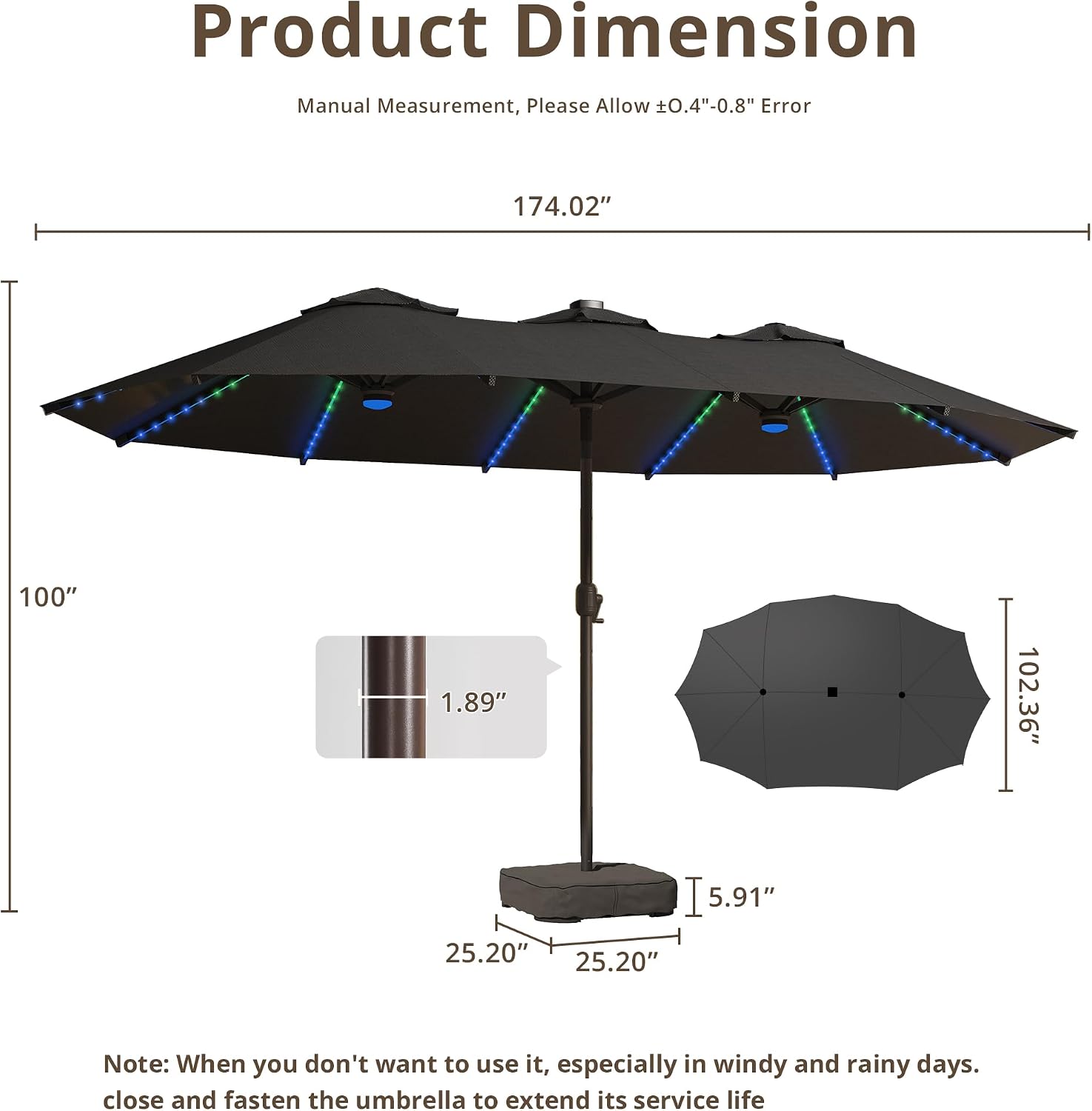 15Ft Patio Umbrella With Multicolor Solar Light - Large Beach Umbrella W 12 Sturdy Ribs,UPF50 Outdoor Table Umbrella,Picnic Market Umbrella W Base Crank Handle for Pool, Yard, Garden