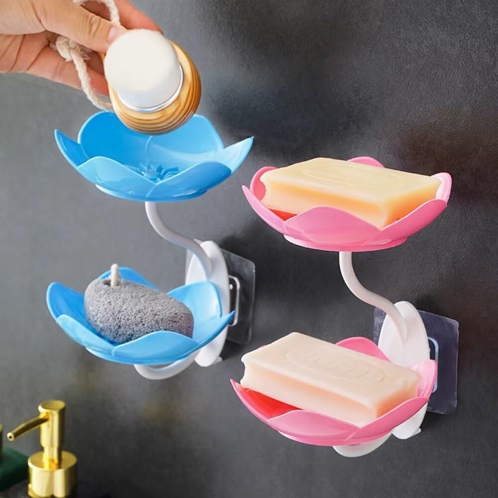Jabonera de doble capa para ducha, bandeja adhesiva con forma de loto, para montar en la pared, champú, sin perforación, autodrenante, ahorrador de tazas, barra de baño, bañera, cocina, color rosa 3