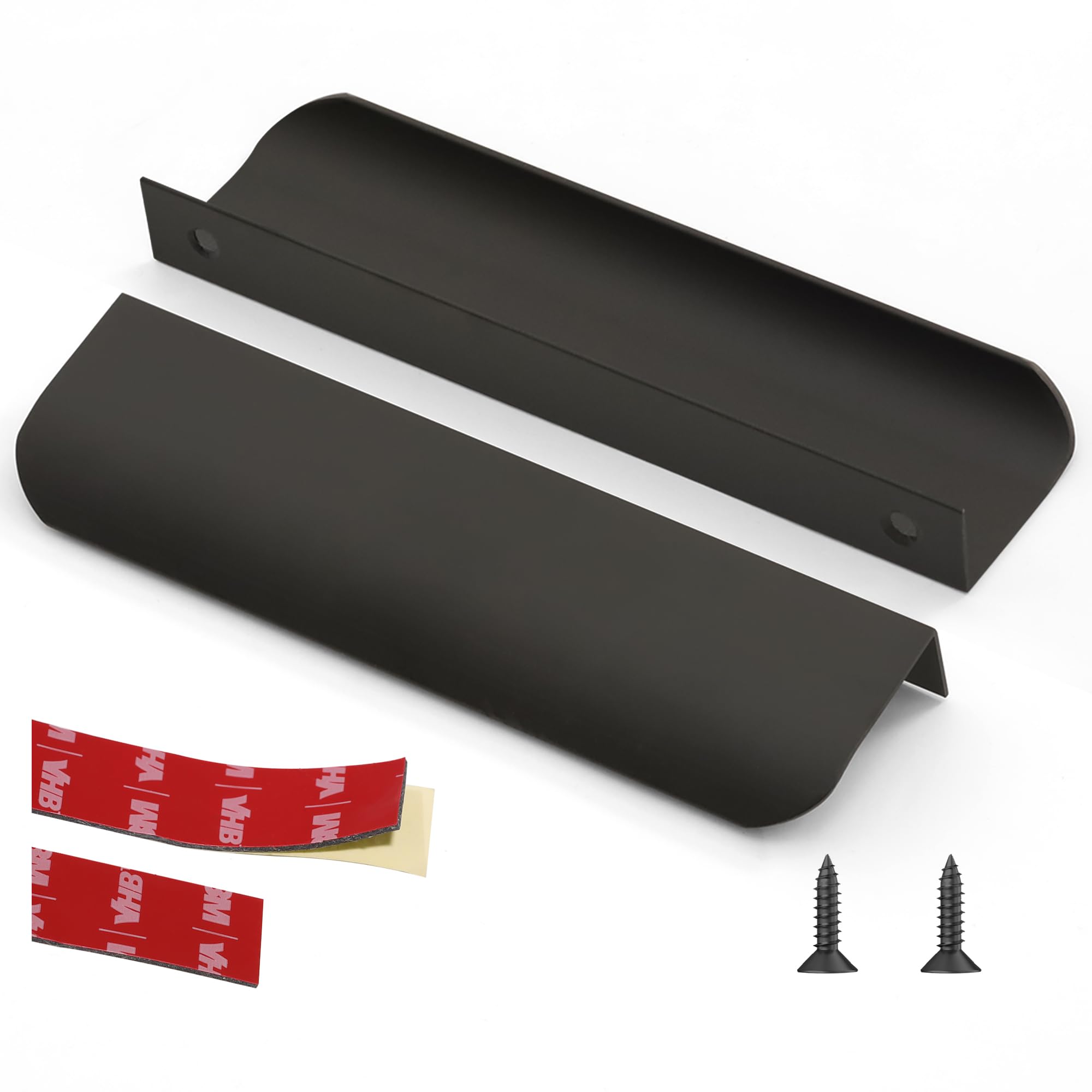 LEAPHZOT 10 Pack 5" (128mm) Hole Center Adhesive Edge Finger Pull,Matte Black Concealed Kitchen Cabinet Handle Overall Length 6",Top Mount Flat