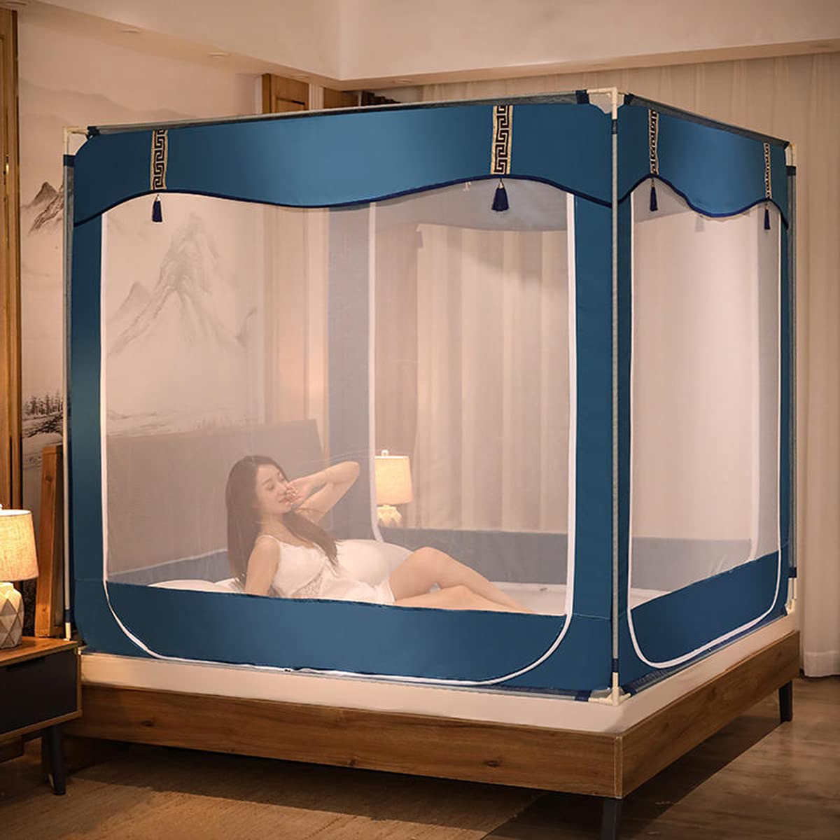 Moustiquaire de lit universelle OKUOKA lit double et simple tente 3 portes vert 150x200cm