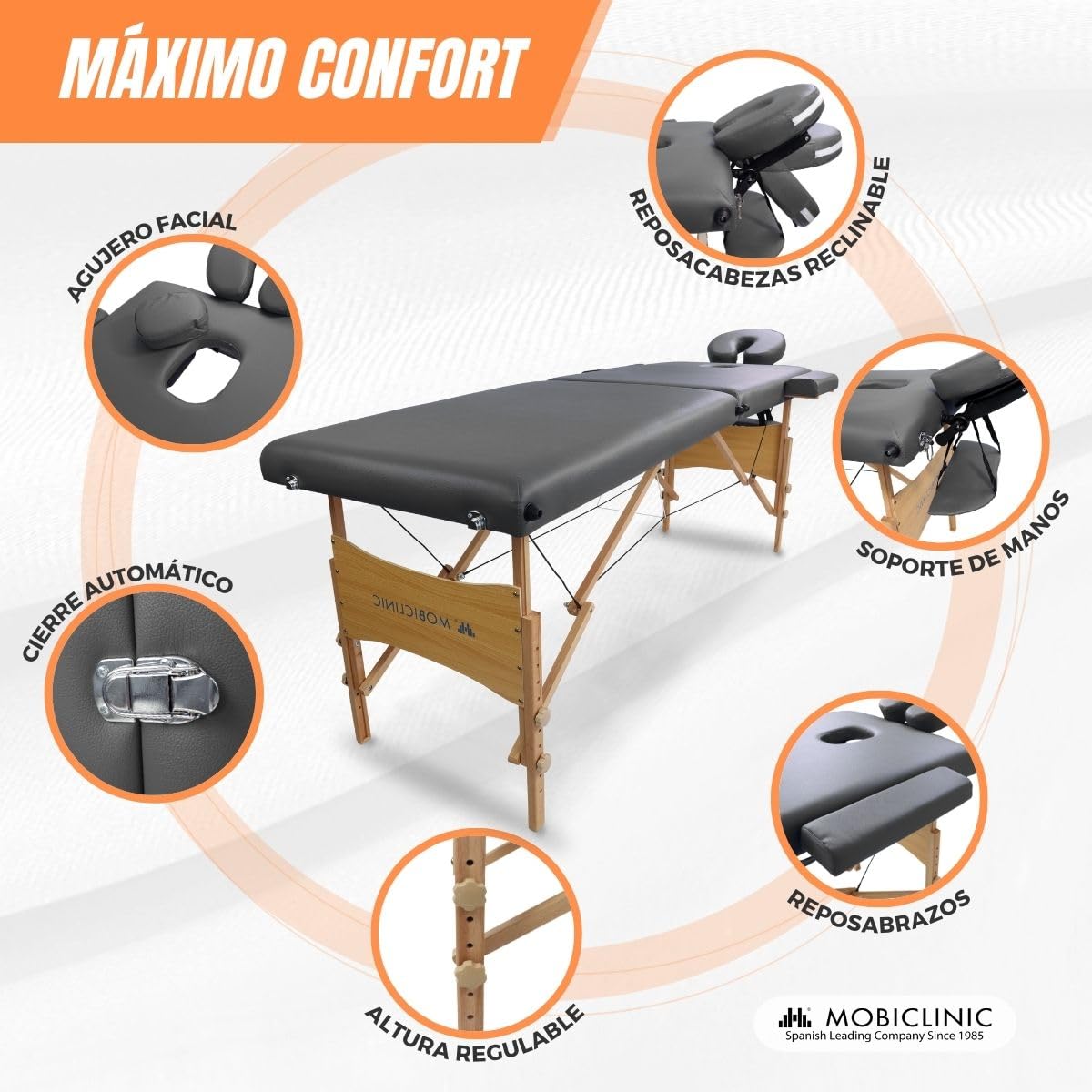 Mobiclinic®, Camilla Fisioterapia Plegable, CM-01 Light, 186x60 cm, Cama de Masaje, Marca Española, Reposacabezas, Regulable en Altura, Portátil, Madera, hasta 150kg, Negra